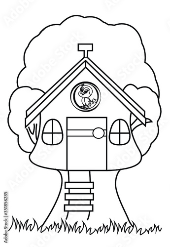 Tree house colouring page outline 