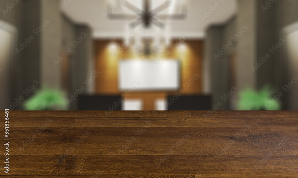 blurred interior on a wooden table background.Reception is a small business center. closed space. stainless steel elevator doors. concrete and wood panel walls. 3D rendering. Mockup.   Empty paintings
