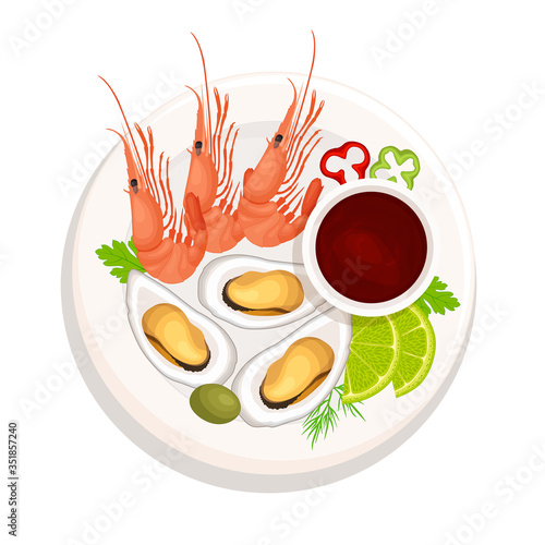 Plate with seafood and sauce top view. Dish with shrimp and oysters isolated on a white background. Vector illustration. Traditional Mediterranean cuisine. Serving delicacies in the restaurant.