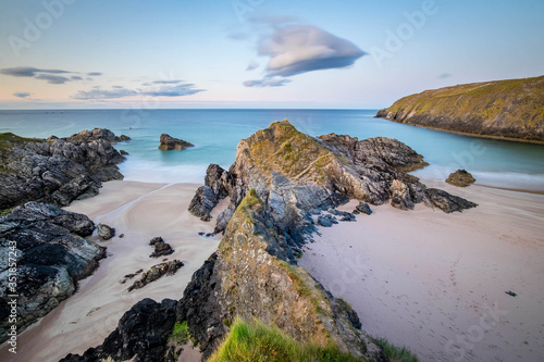 Sango Sands Beach Durness in the dramatic highlands of scenic Scotland, fantastic adventure travel destination or holiday vacation to view picturesque scenery at sunrise or sunset