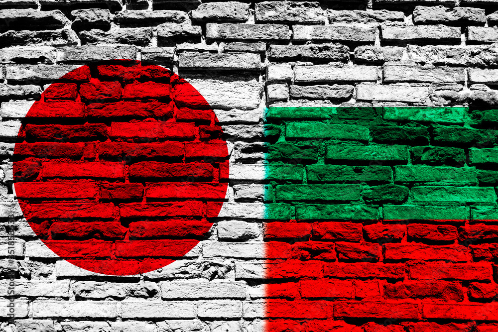 Flag of Japan and Bulgaria on brick wall
