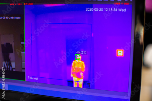 Monitoring people body temperature via infrared camera detector coronavirus COVID-19 pandemy 