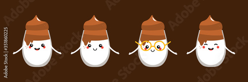Set, collection of cute and funny cartoon dalgona coffee characters. Korean coffee in glass cups characters.
