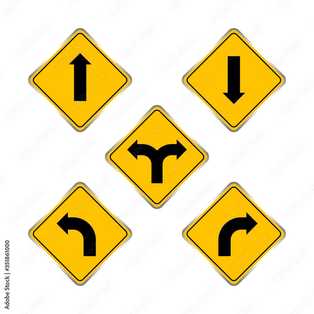 road signs yellow set, traffic road sign yellow isolated on white, signpost caution for direction, road sign and black arrow pointing road signs yellow set, traffic road sign yellow isolated on white, signpost caution for direction, road sign and black arrow pointing