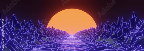 3D render 80s retro futuristic sci-fi style. Retrowave landscape, neon lights and low poly terrain grid. Stylized vintage vaporwave 3D background with mountains and sun photo