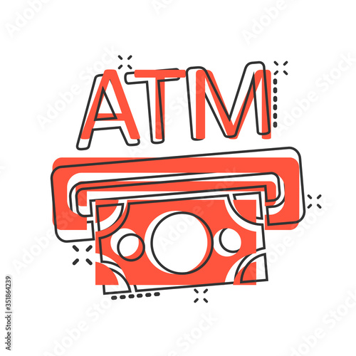 Money ATM icon in comic style. Exchange cash cartoon vector illustration on white isolated background. Banknote bill splash effect business concept.