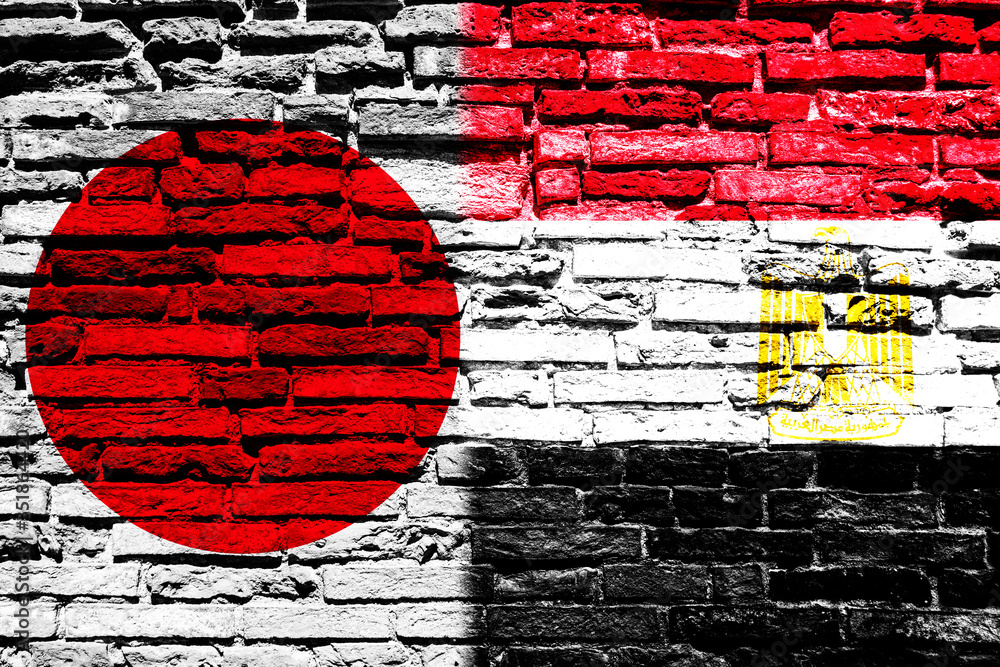 Flag of Japan and Egypt on brick wall