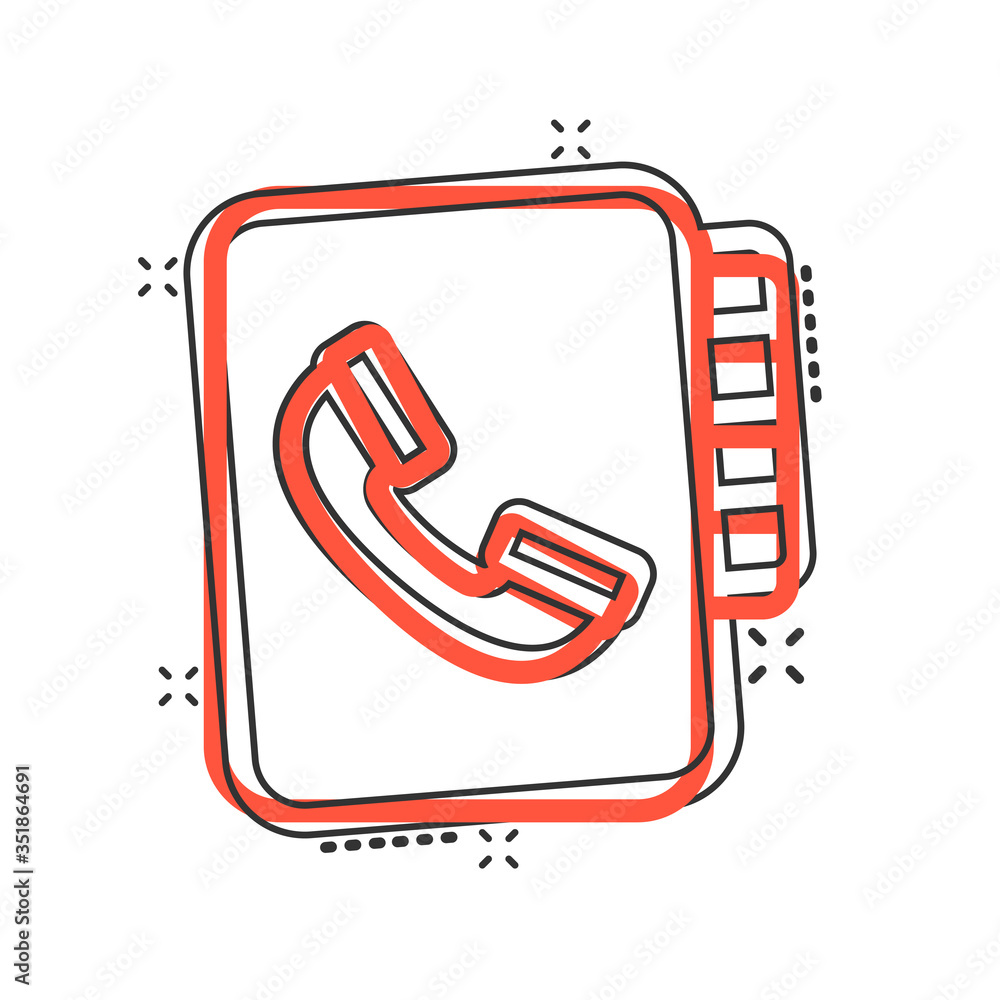 Address phone book icon in comic style. Telephone notebook cartoon vector illustration on white isolated background. Hotline contact splash effect business concept. Address phone book icon in comic style. Telephone notebook cartoon vector illustration on white isolated background. Hotline contact splash effect business concept.