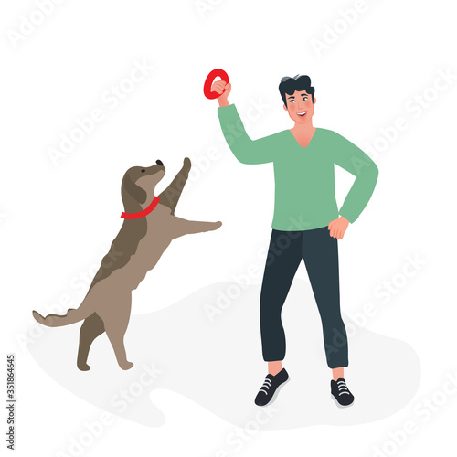 The dog handler trains the dog and teaches its commands. Playing with a Labrador. Dog breeding and breeding of purebred dogs. Vector illustration
