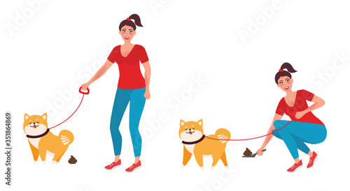 The girl removes the feces after the dog. A female character walks a dog on a leash. Vector illustration of pet care