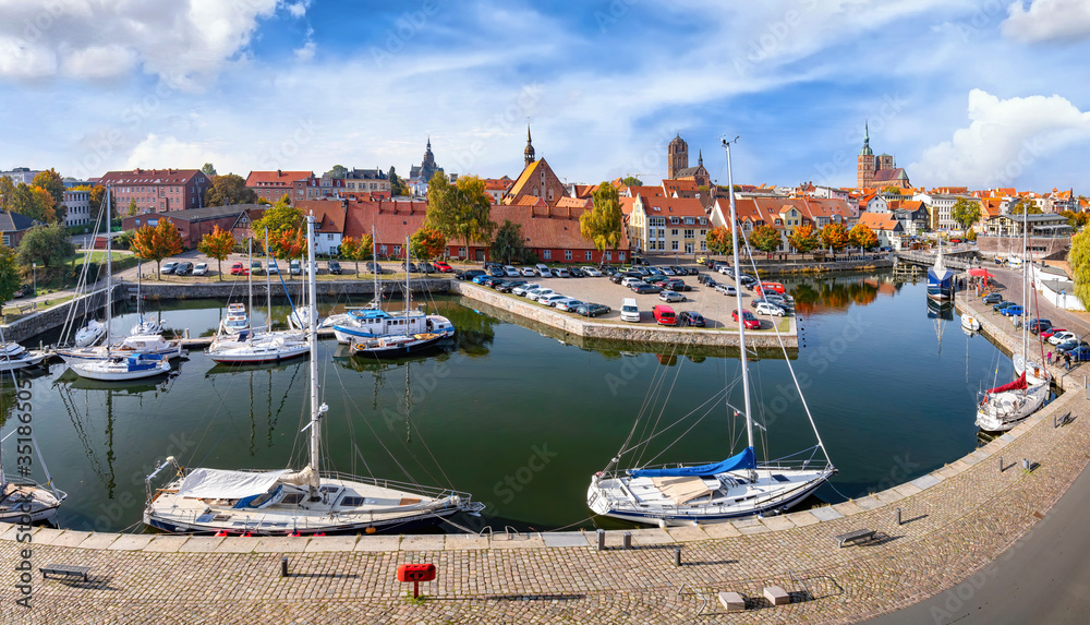 Cityscape of the old town of the Hanseatic city of Stralsund on a sunny day in autumn. Mecklenburg-Vorpommern, Germany