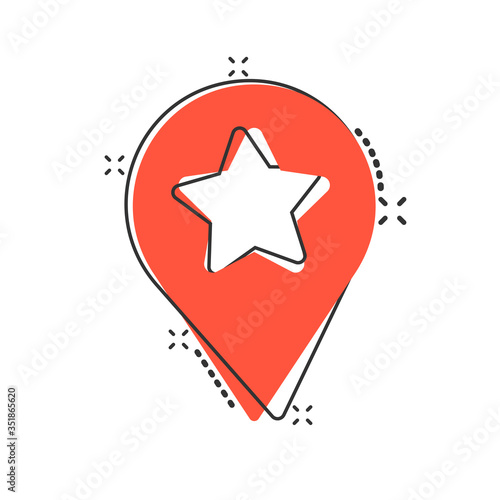 Map pin icon in comic style. GPS navigation cartoon vector illustration on white isolated background. Locate position splash effect business concept.