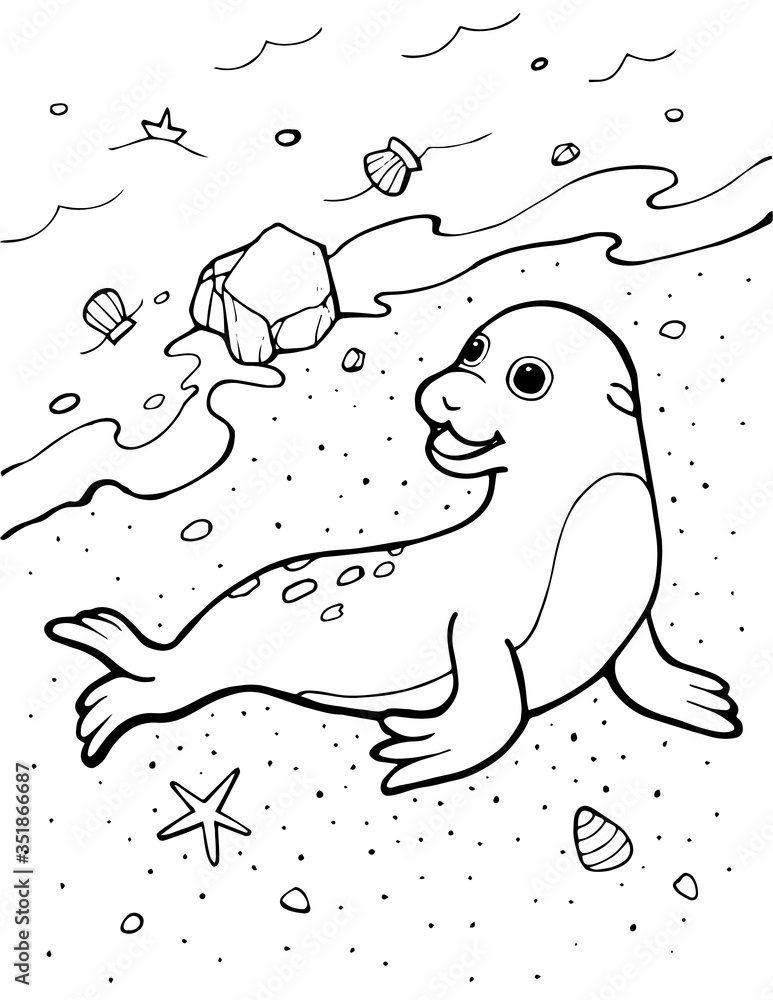 Obraz premium Seal on the Beach Coloring Page for Kids