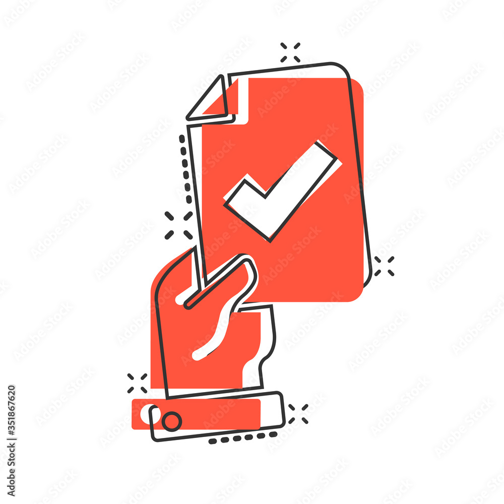 People hand with check mark icon in comic style. Accept cartoon vector illustration on white isolated background. Approval choice splash effect business concept. People hand with check mark icon in comic style. Accept cartoon vector illustration on white isolated background. Approval choice splash effect business concept.