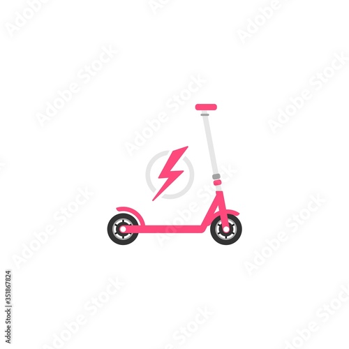 Pink cartoon kick scooter or balance bike with lightning bolt icon.