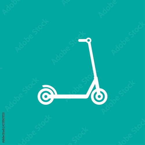 White kick scooter or balance bike icon. Flat push scooter isolated on blue.