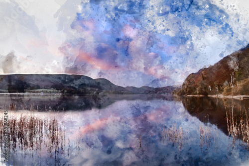 Digitally generated watercolor painting of Epic vibrant sunrise Autumn Fall landscape image of Ullswater in Lake District with golden sunlight