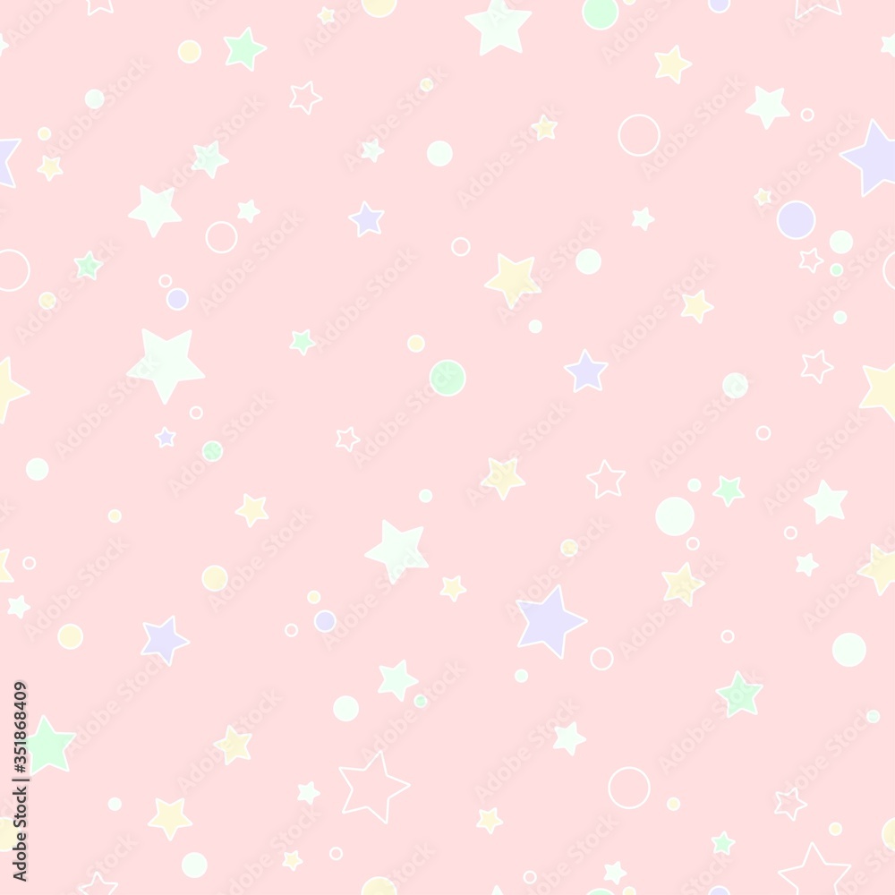 Seamless cute pattern with little rounded stars and circles of different colors with outline. Powder pink