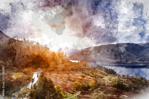 Digitally generated watercolor painting of Stunning aerial drone landscape image of glorious vibrant Autumn Fall sun over Thirlmere in Lake District
