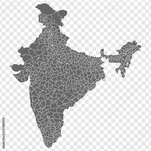Blank map India. High quality map of India with provinces and regions on transparent background for your web site design, logo, app, UI. Republic of India. EPS10.