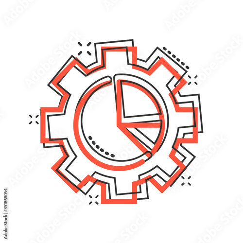 Workflow chart icon in comic style. Gear with diagram cartoon vector illustration on white isolated background. Process organization splash effect business concept.