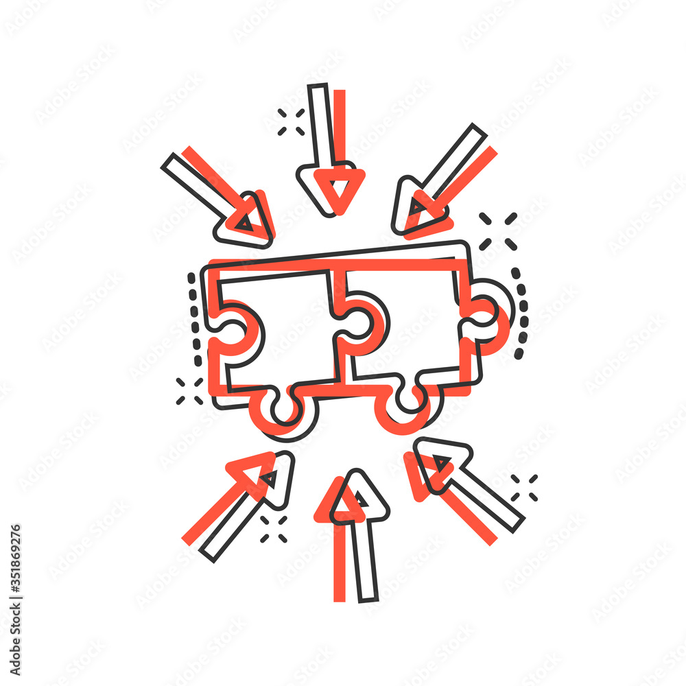 Puzzle jigsaw icon in comic style. Solution compatible cartoon vector illustration on white isolated background. Combination splash effect business concept. Puzzle jigsaw icon in comic style. Solution compatible cartoon vector illustration on white isolated background. Combination splash effect business concept.