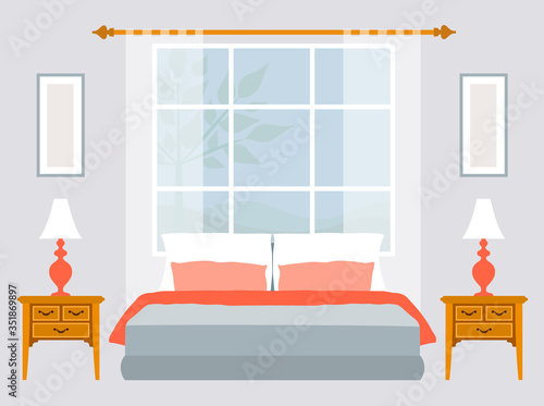 Bedroom in a flat style. Modern room with a bed by the window and bedside tables. Development of interior design. Vector illustration. Template for advertisements or postcards.