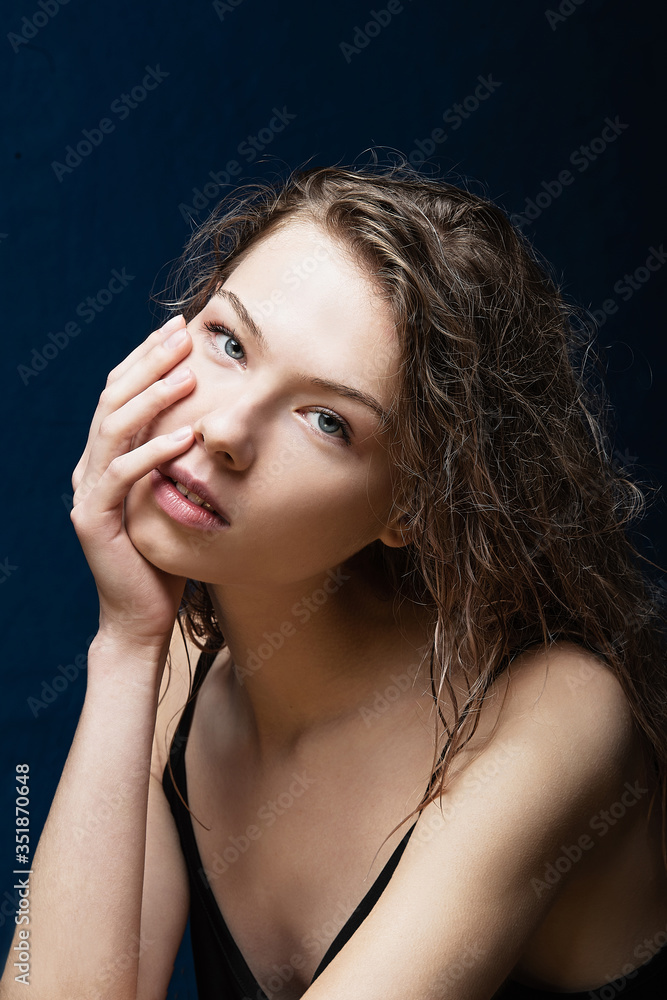 looks forward, bare shoulders, smooth skin, blue eyes, attractive young girl looks forward, bare shoulders, smooth skin, blue eyes, attractive young girl