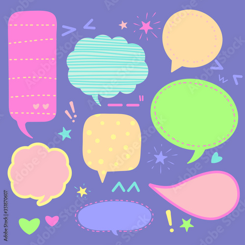 Cute pastel color speech bubble tags, text boxes cartoon design,vector illustration. Badge chat frame flat style for promotion or sale tag.