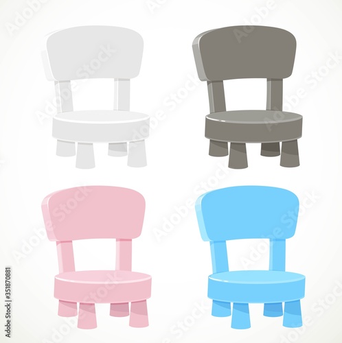 White, pink, blue and dark gray  baby chair with short legs object isolated on white background