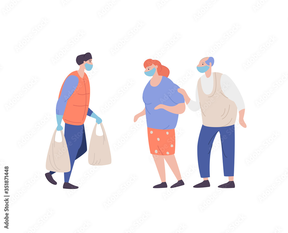 Obraz premium Volunteer helps elderly couple during coronavirus pandemic.Young man with packages in hands carrying necessities for old citizen. Concept assistance and support to people at risk of virus infection