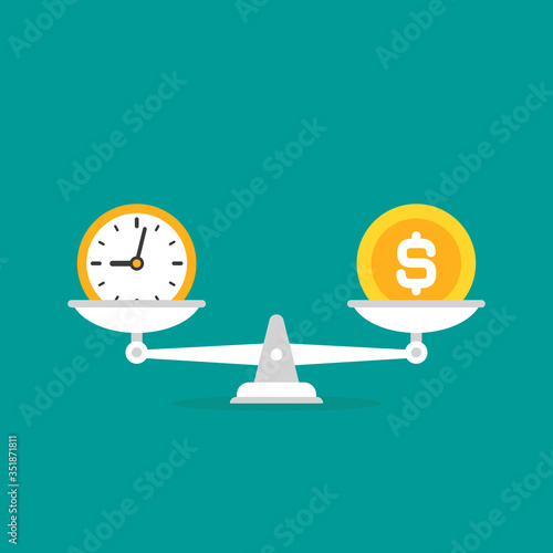 White mechanical scales with dollar coin and clock in pans. Time and money balance. Justice, law scale.