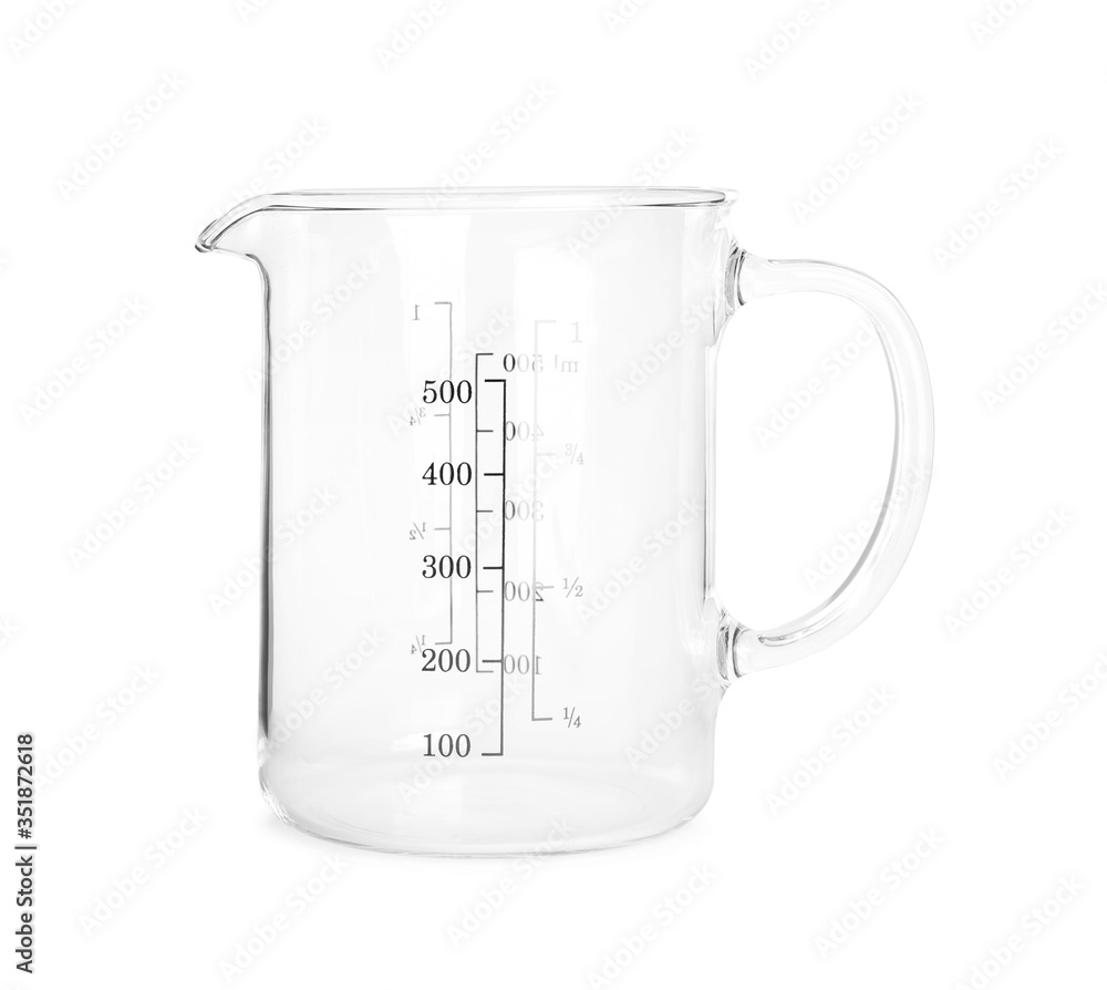 New transparent measuring cup isolated on white. Cooking utensil New transparent measuring cup isolated on white. Cooking utensil