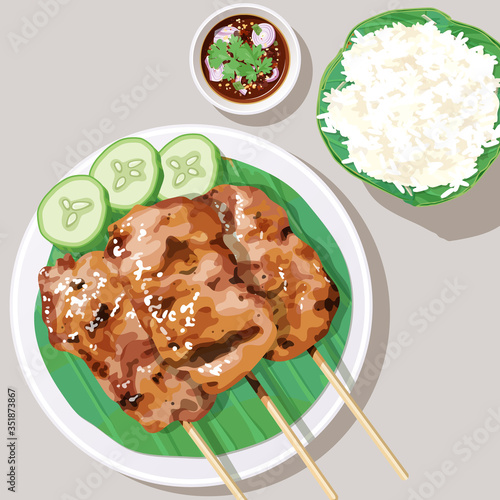 Top view of grilled pork with sticky rice.