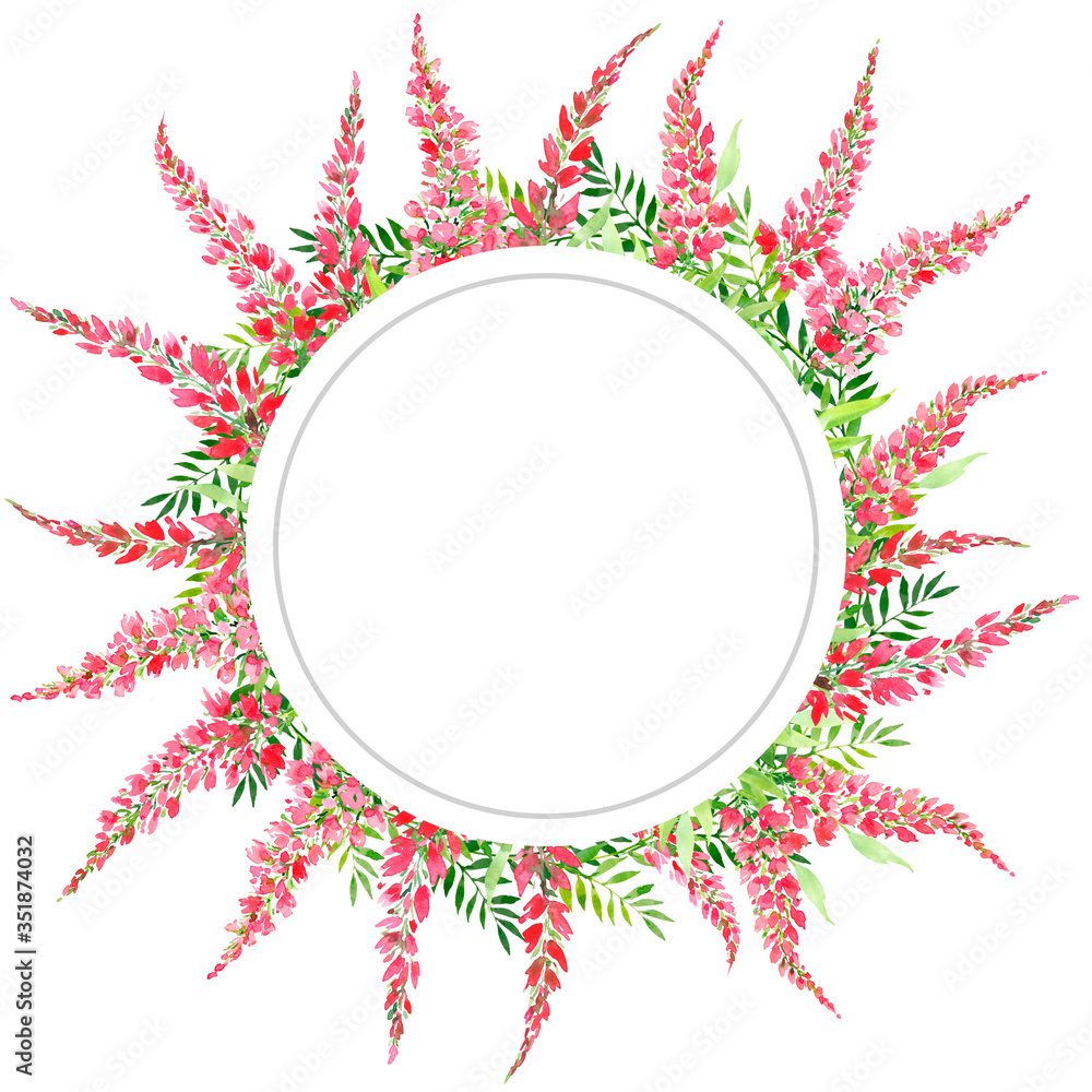 round frame, wreath with red flowers. Summer June wreath, watercolor illustration