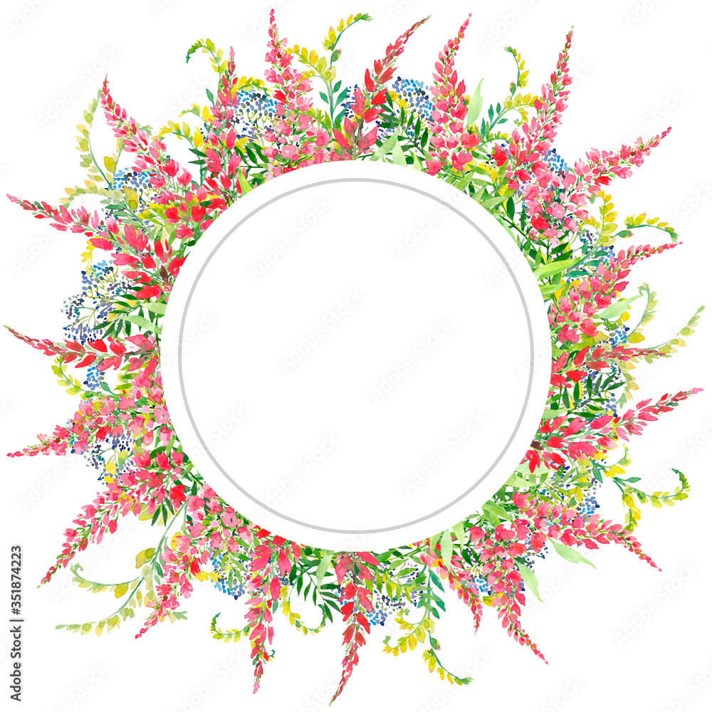 round frame, wreath with red flowers. Summer June wreath, watercolor illustration round frame, wreath with red flowers. Summer June wreath, watercolor illustration