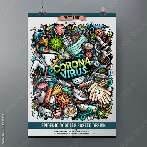 Cartoon colorful hand drawn doodles Coronavirus poster
