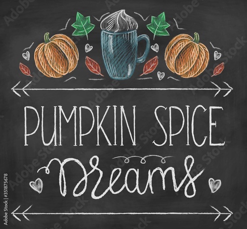 Pumpkin spice dreams text on chalkboard vector illustration. Lettering chalk card with autumn vegetable flat style design. Aromatic coffee and gourd. Fall concept