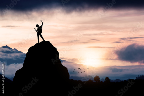Success silhouette, confident and winner or achievement in business concept, confident and winner in business concept, Successful and confidential people standing and show hand to celebrate for win