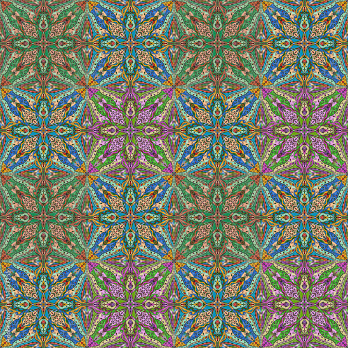 Hand drawn old looking ornament. Geometric ornament, colorful tiles, azulejo.