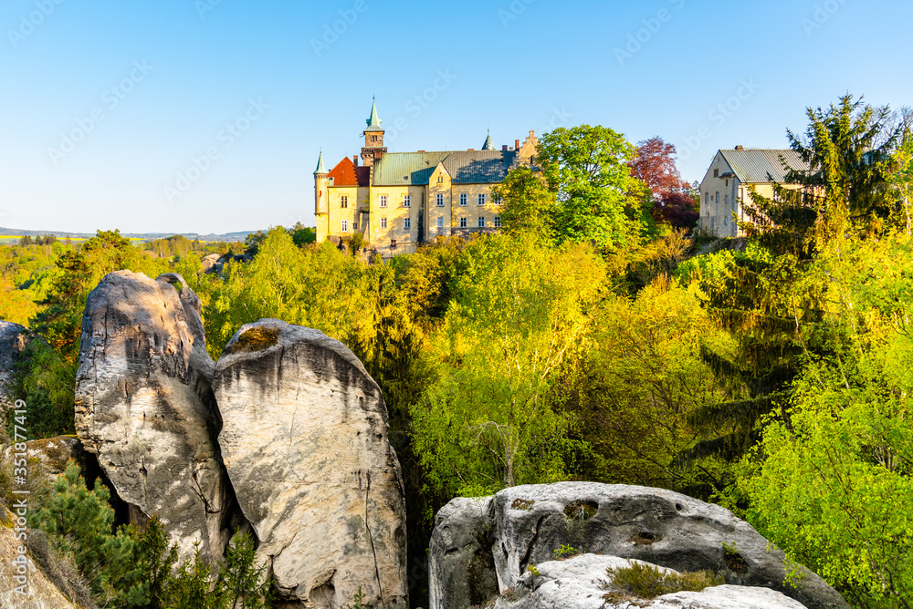 Hruba skala castle built on the top of sandstone rocks. Bohemian Paradise, Czech: Cesky raj, Czech Republic
