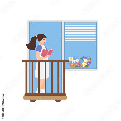Cute young woman reading a book on the balcony. Summer vector illustration