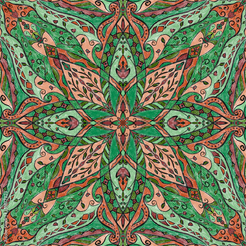 Hand drawn old looking ornament. Geometric ornament, colorful tiles, azulejo.