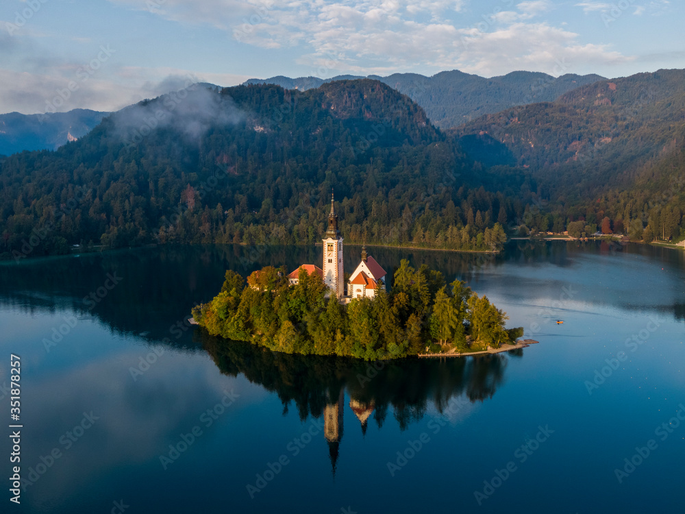 Fototapeta premium Aerial view of the Bled island in the morning