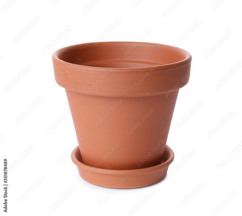 Stylish terracotta flower pot with saucer isolated on white Stylish terracotta flower pot with saucer isolated on white