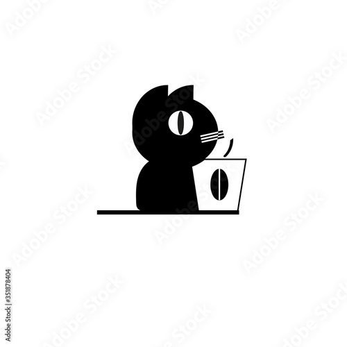 black kitten logo and a Cup of hot coffee. vector