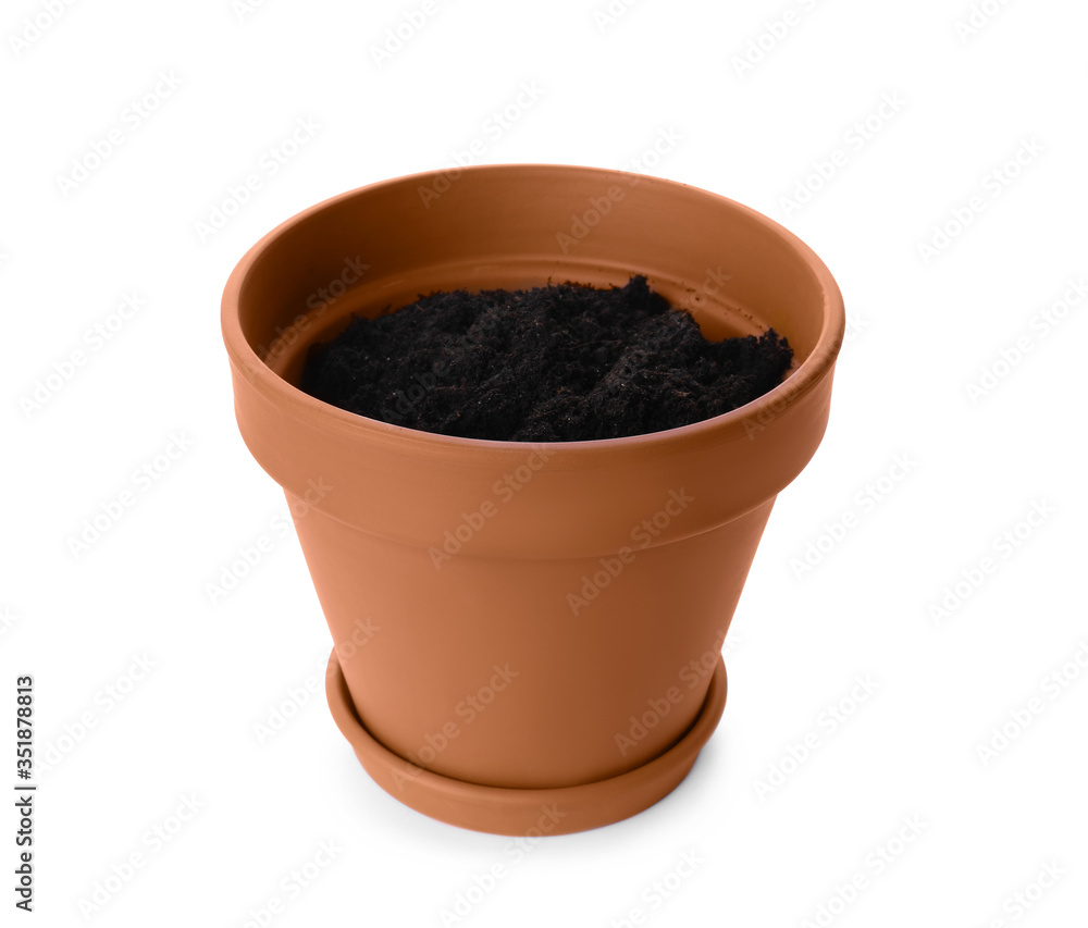 Stylish terracotta flower pot with soil isolated on white Stylish terracotta flower pot with soil isolated on white