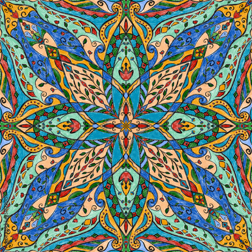 Hand drawn old looking ornament. Geometric ornament, colorful tiles, azulejo.