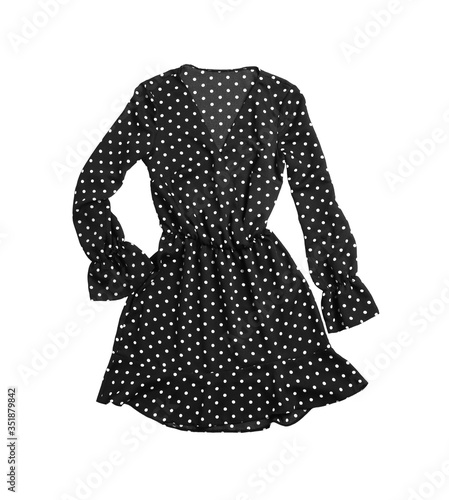 Black polka dot dress isolated on white, top view