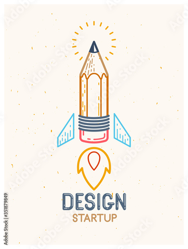 Pencil launching like a rocket start up, creative energy genius artist or designer, vector design and creativity logo or icon, art startup.